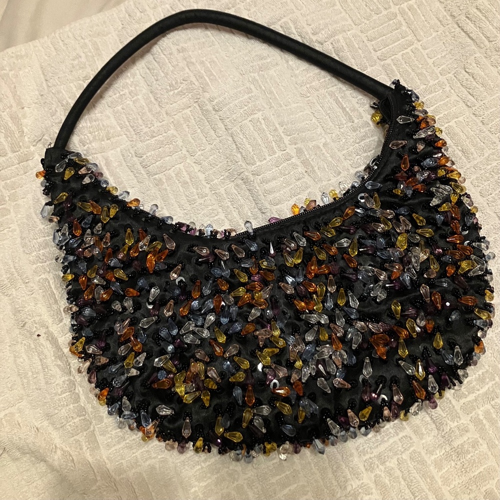 Vintage purse shiny teardrop beaded multi color black med size